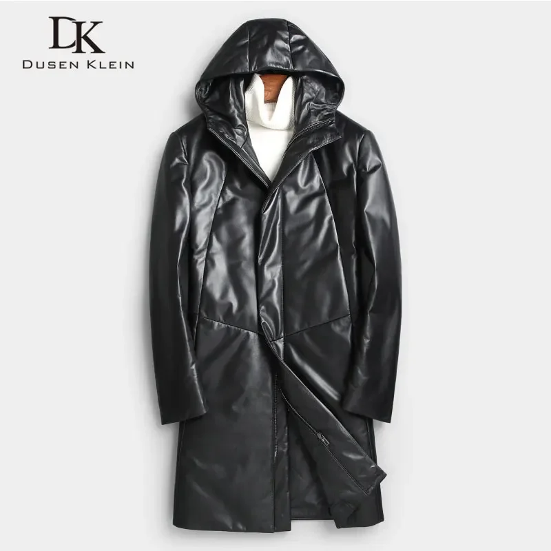 Men's Genuine Leather Down Jacket Winter Warm Long Coat Black Hooded Outerwear Sheepskin 2018 New Designer Brand Luxury x6803