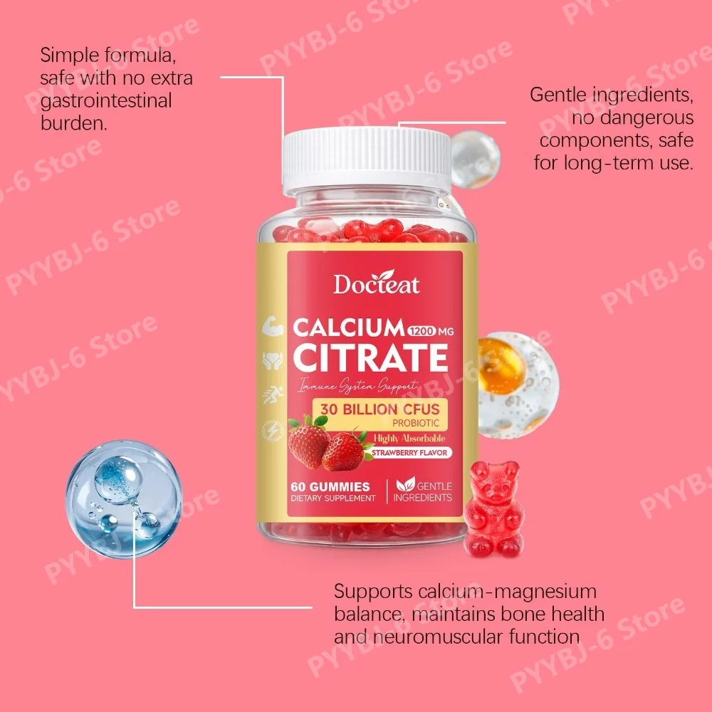 Calcium Magnesium Gummies with D3 C K2 and Probiotic Blend 30 Billion CFUs Strawberry Flavor Gentle Ingredients 60 Capsules