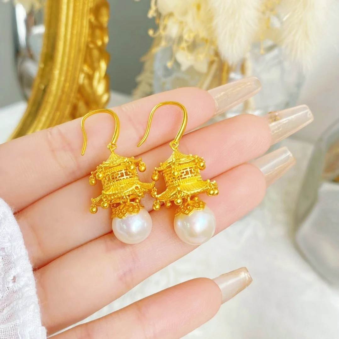 

Versatile For Occasions Court Hexagonal Pavilion Pearl Earrings For Women 24K Gold AU999, fit weddings, parties & daily