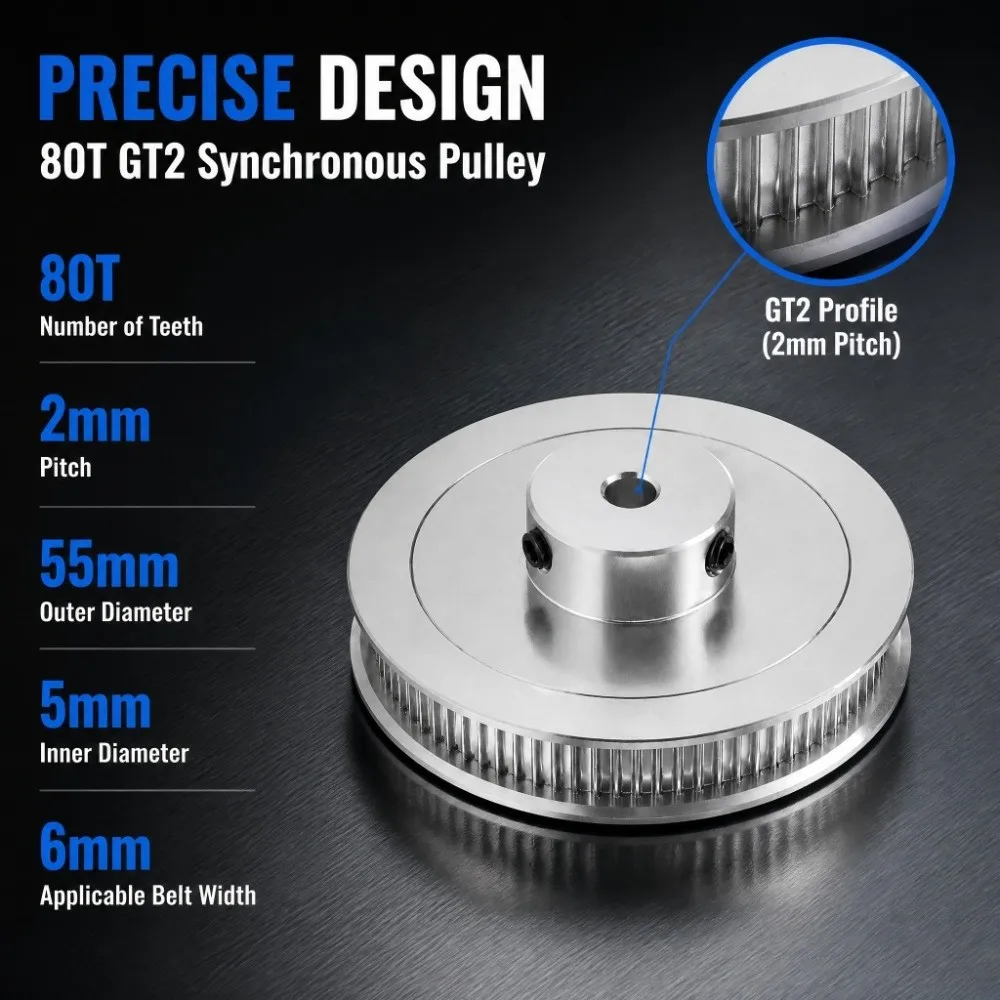 Durable 80 Teeth Timing Belt Pulley 5mm Bore 6mm Width Belt Synchronous Wheel M5 Screw Aluminium 80T Pulley 3D Printer