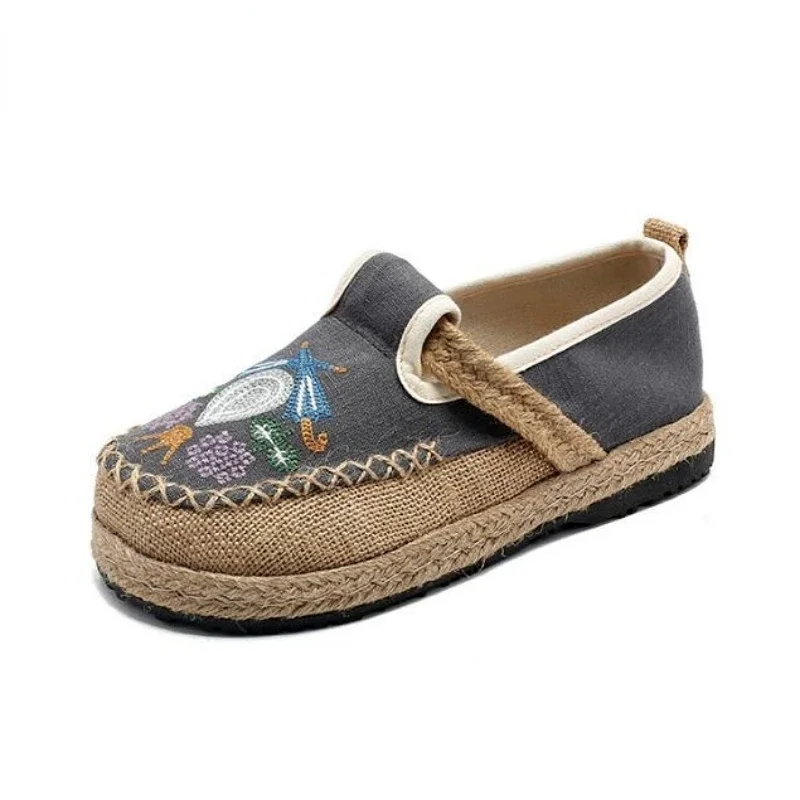 Wide Toe Ethnic Embroidered Casual Shoe for Women Chinese Style Linen Spring Sneaker Ladies Vintage Dress Flats