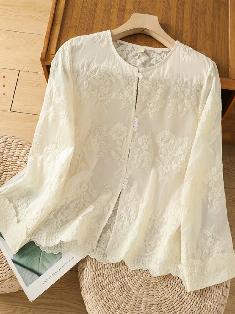 Nuevo cárdigan abierto de lino y algodón con bordado Floral chino para mujer, Top fino holgado informal con protección solar, Top
