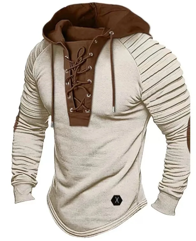 2024 New Autumn Winter Men\'s Solid Color Casual T-shirt Top Long Sleeved Shirt Slim Fit Pleated Hood Street Vacation Sweatshirt