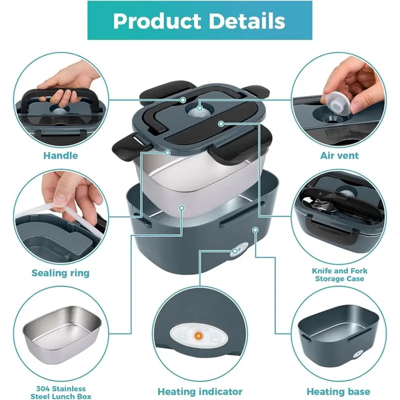 TAIGH-For Car& Truck For Driver& Office Electric Lunch Box 12V/220V Portable Warmer In 304 Stainless Steel Container, With Eu Pl