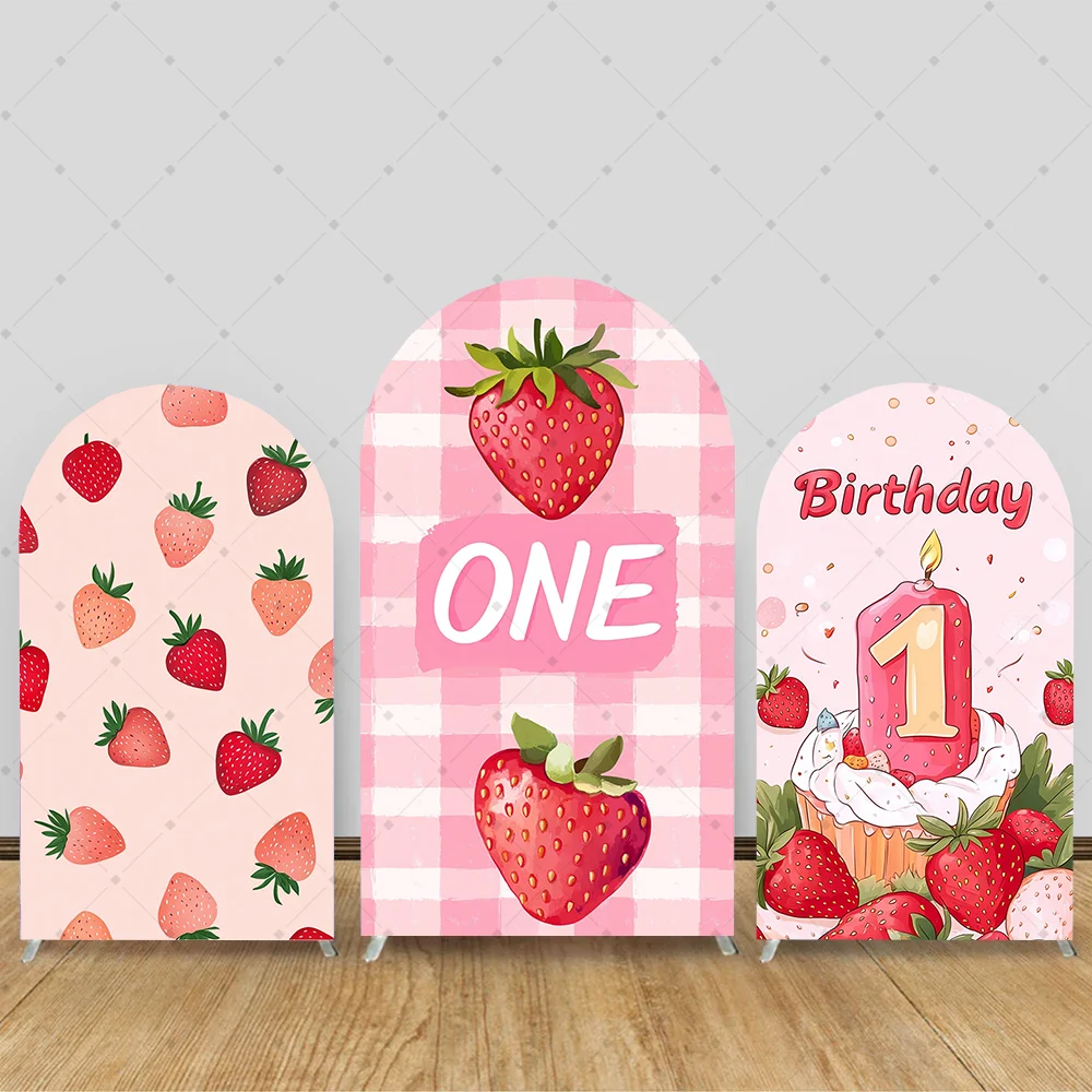 

Strawberry Girl One Year Birthday Arch Backdrop Cover Berry Pink Baby Shower Party Decor Cake Portrait Photozone Background