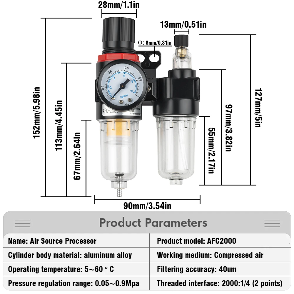 AFC2000 AFR2000 + AL2000 G1/4 Air Compressor Oil-Water Separator Air Filter is Used to Reduce the Pressure Valve Regulator