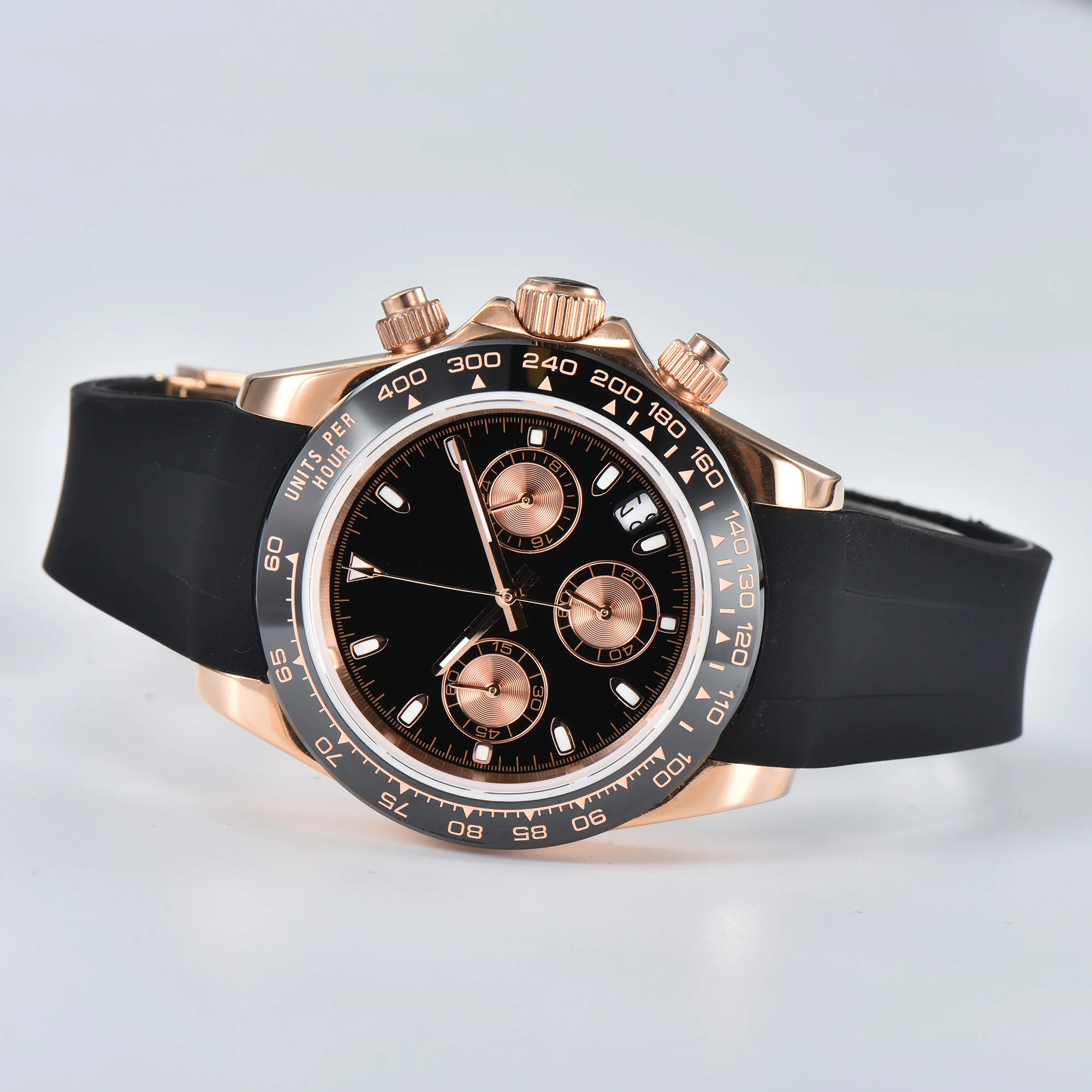 40mm 럭셔리 크로노 그래프 남자 시계 40mm 로즈 골드 케이스 사파이어 그린 빛나는 석영 남자 시계