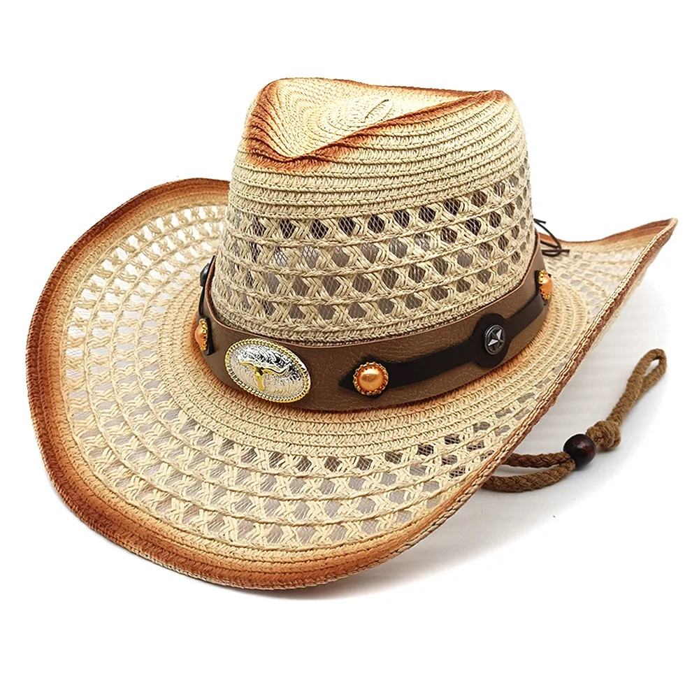 Retro zomer strohoed Western cowboyhoeden Verstelbare zomerstrandzonbescherming Zonnekap voor mannen en vrouwen Trekkoord