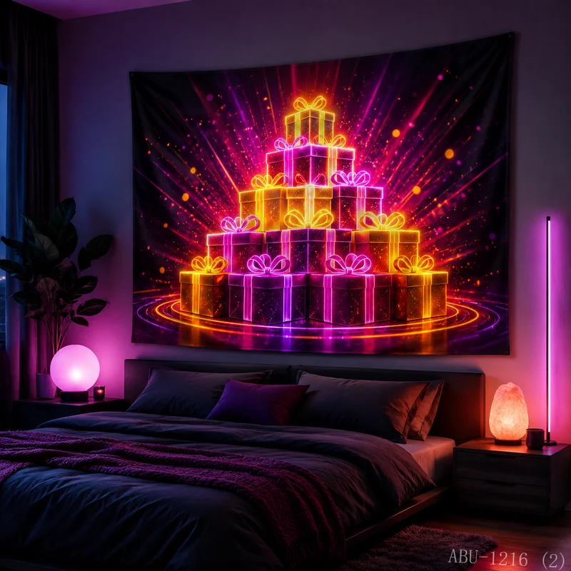 VIKAMA Neon Radiant Effect Gift Box Stack Christmas Tree Shaped Mirror Tapestry, HD Cloth, Radiant Stacked Festive Decor