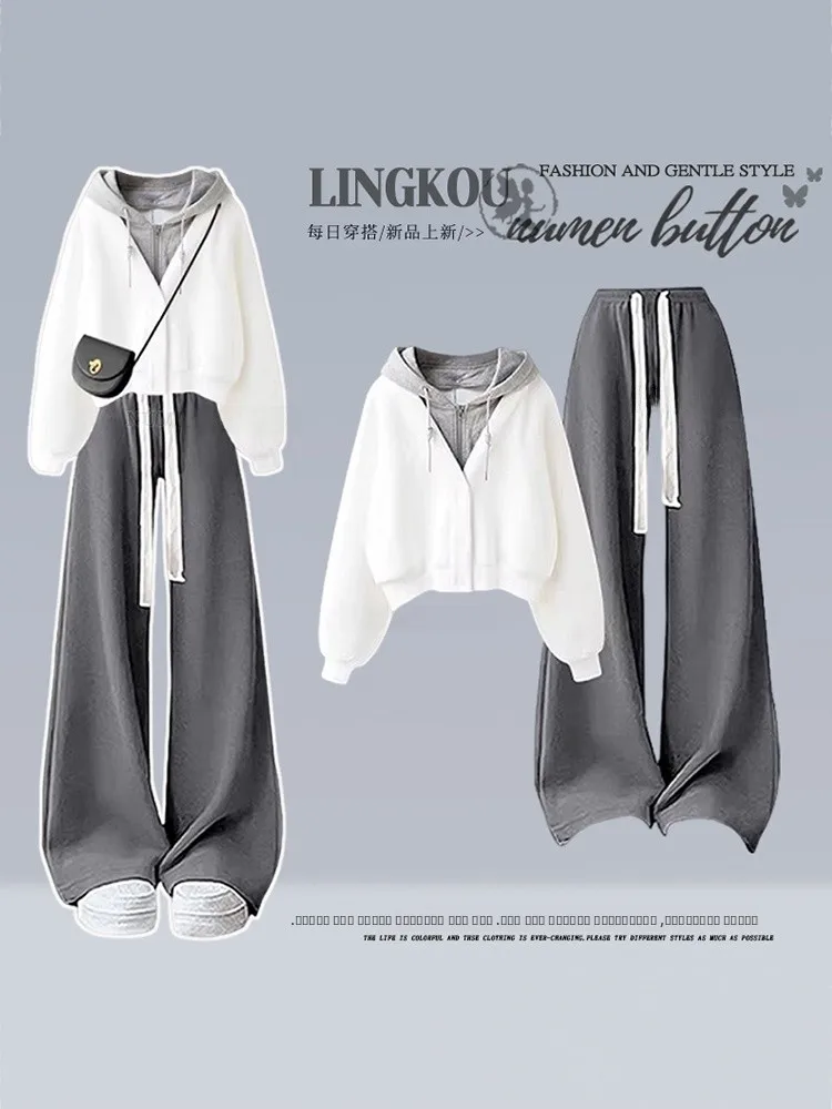 

Повседневный осенне-зимний комплект большого размера, женская антивозрастная толстовка с капюшоном и высокой талией, утягивающие широкие брюки, комплект из двух предметов