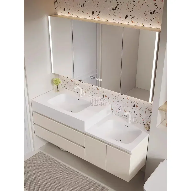 

Luxury Skin Bathroom Cabinet Intelligent Solid Wood Combination High And Low Washbasin Sink Double Basin Vanity Bathroom Cabinet