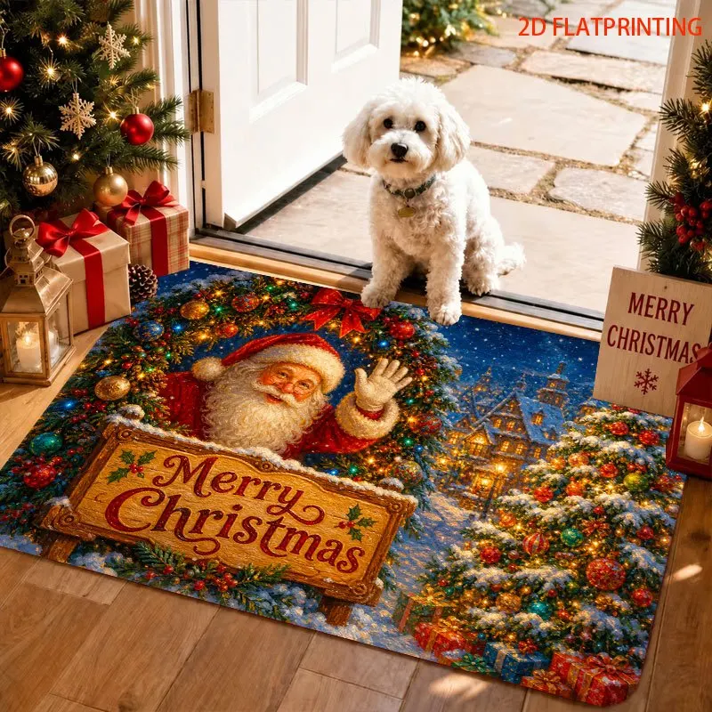 Red Golden Bow Poinsettia Christmas Ball Dark Background Print Durable Washable Floor Rug For Festive Season Home Entrance Accen