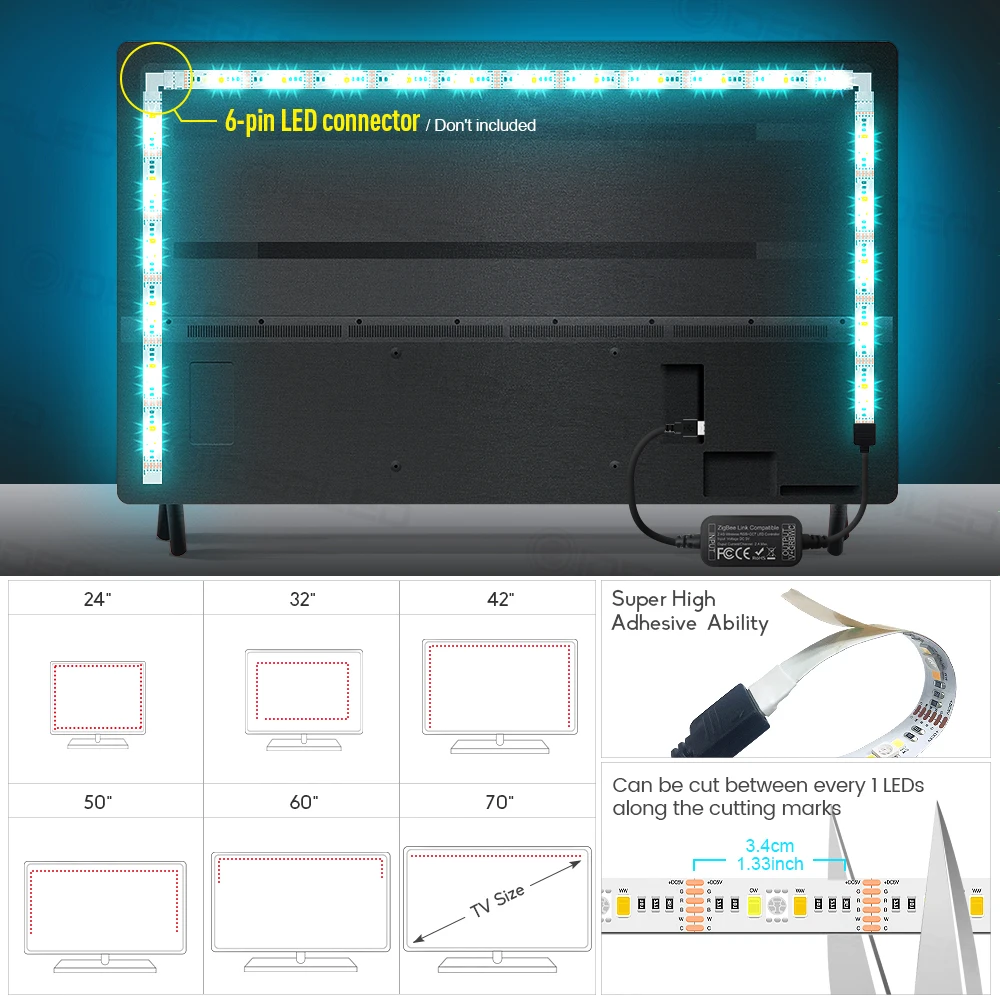 TV LED strip light zigbee controller mini smart things kit 5V usb rgb+cct computer LED strip light work with zigbee hub echo