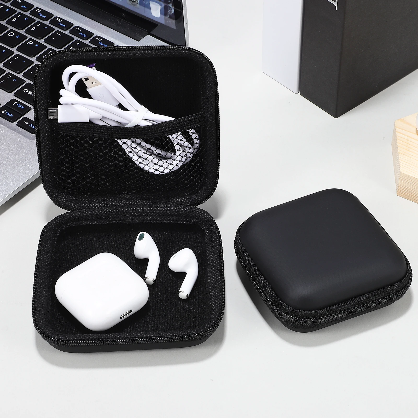 

2pcs Hard Shell Storage Bag Premium Eva Organizer Mesh Pocket For Earbuds Cables Power Bank Travel Work Small Electronic