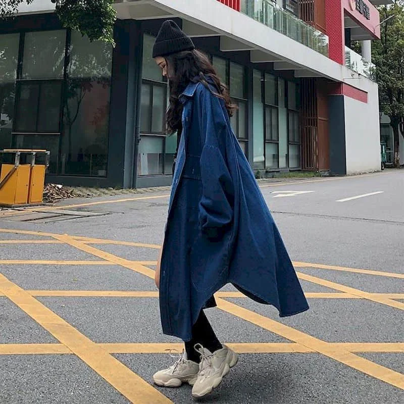 Denim Trench Coats Women Long Sleeve Casual Korean Style Workwear Jackets Vintage Ankle Length Oversized One-piece Women Tops