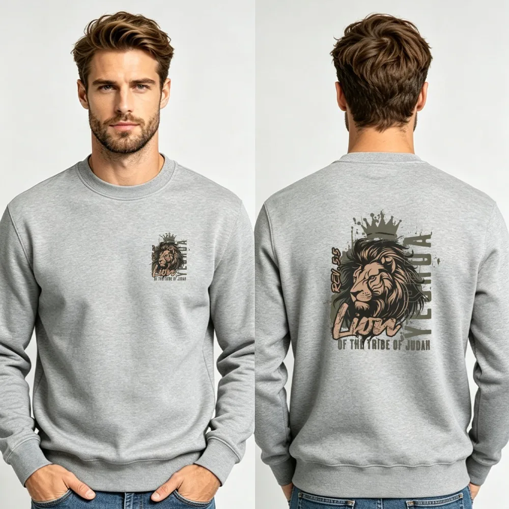 Lion of The Tribe of Judah Crown Lion Christian Crewneck Sweatshirt Double Sided Front Back Vintage Print Religious Pullover Top
