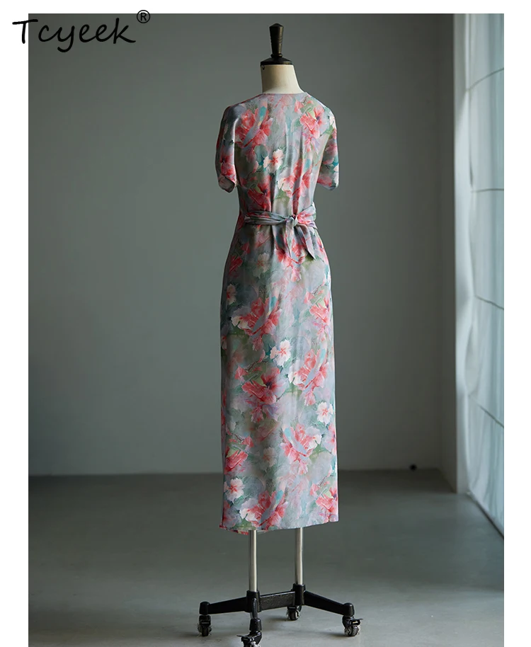 

Tcyeek, элегантные платья из 100% тутового шелка 18 мм, женское платье с v-образным вырезом и цветочным принтом, вечерние модные дизайнерские платья, лето-осень 2024 D464101QM