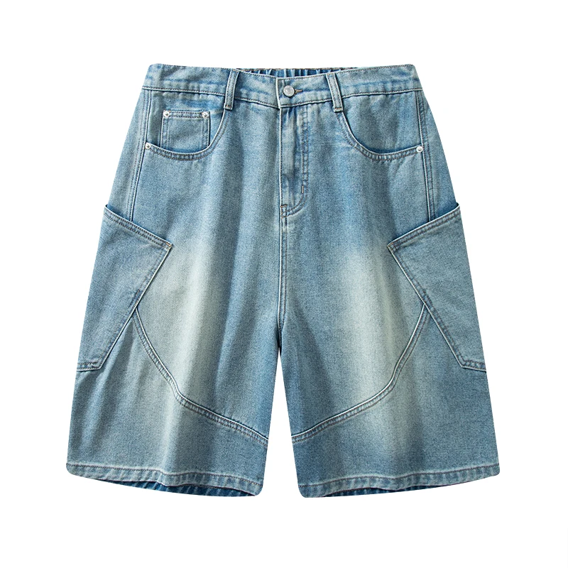 Casual Cargo DENIM กางเกงขาสั้นผู้ชายเอวยางยืดตรงสบายสีฟ้านุ่มสั้นกางเกง Baggy กว้างเบอร์มิวดากางเกงยีนส์ชาย