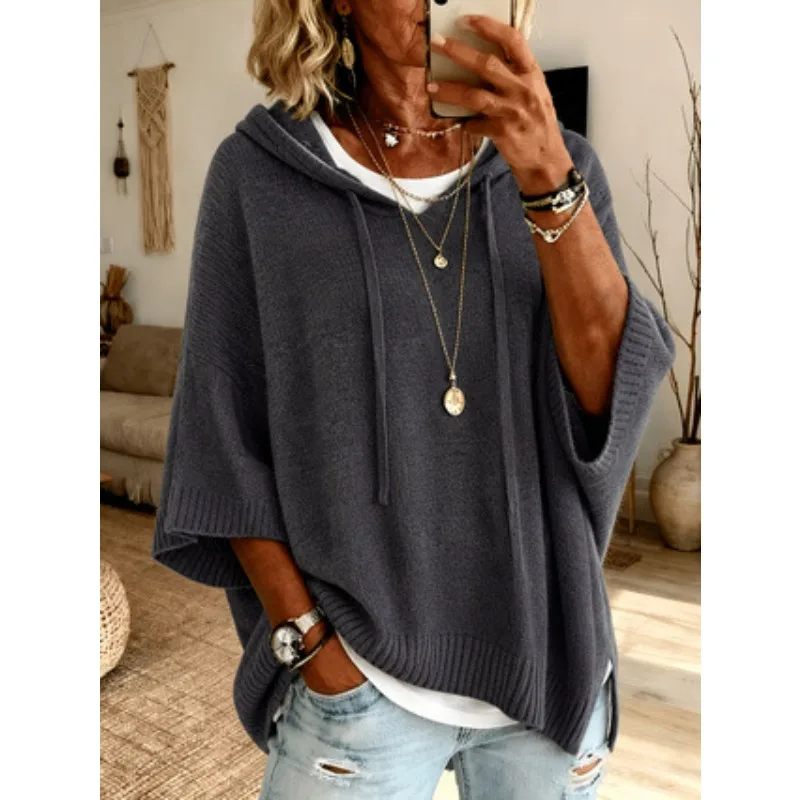 Women's Hooded Knit Poncho Sweater Autumn Loose Drawstring Long Sleeve Casual Pullover Top Office Lady Simple Sweater