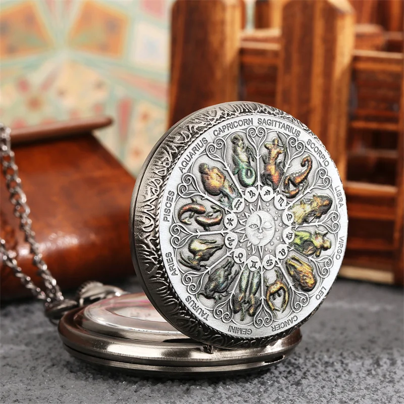 Retro Astrology Zodiac Pocket Watch Vintage 12 Constellation Themed Quartz Necklace Chain Timepiece for Men Women Gift