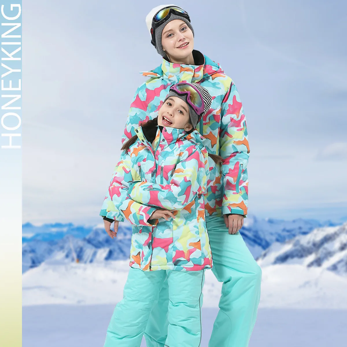 HONEYKING Parent-child Outfit Snowsuit Ski Suit Winter Outdoor Sports Warm Windproof Waterproof Cotton Down Jacket and Pants Set