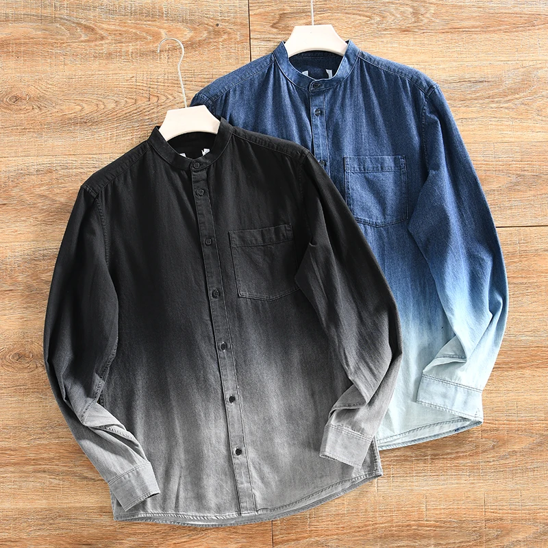 

Pure Cotton Men's Fashion Shirt Autumn Winter Gradient Color Design Breathable Stand Collar Long Sleeve Youth Style