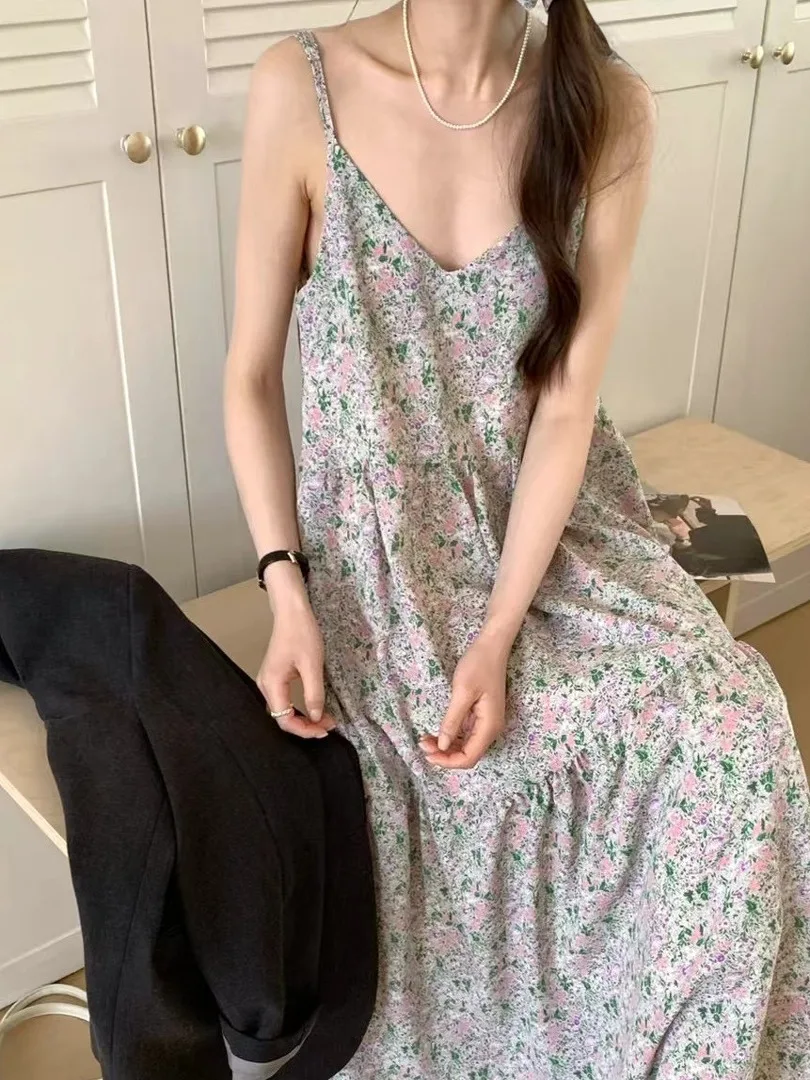 

Korean Sle Floral Print Maxi Dr Women's V-Ne Svel Loose Fit Gown Mid-Length A-Line Silhouette Commute Wear