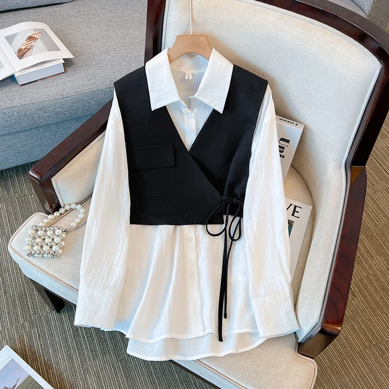 Mature Women Shirts Suit 2023 Spring Summer New X-Long Shirts And V-Neck Cross Bandage Vest Female Commute Top Two Piece Sets