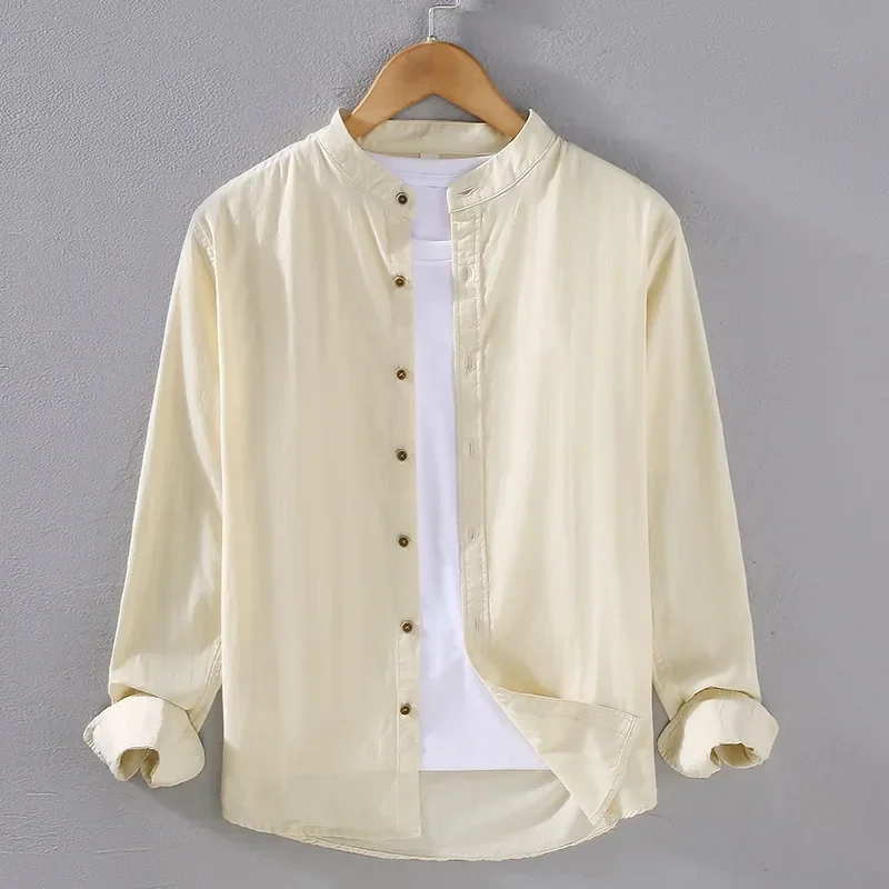 

Весенне-летняя зеленая рубашка с длинным рукавом, мужская повседневная повседневная мужская рубашка из чистого хлопка, рубашка с воротником-стойкой на пуговицах, японский свежий топ