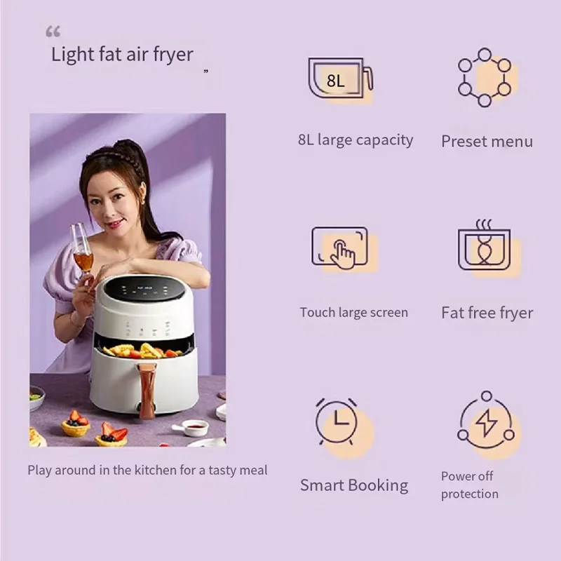 8L elektrische luchtoven grote capaciteit multifunctionele convectie diep zonder olie keuken LED Touch BPA-vrij 1400W