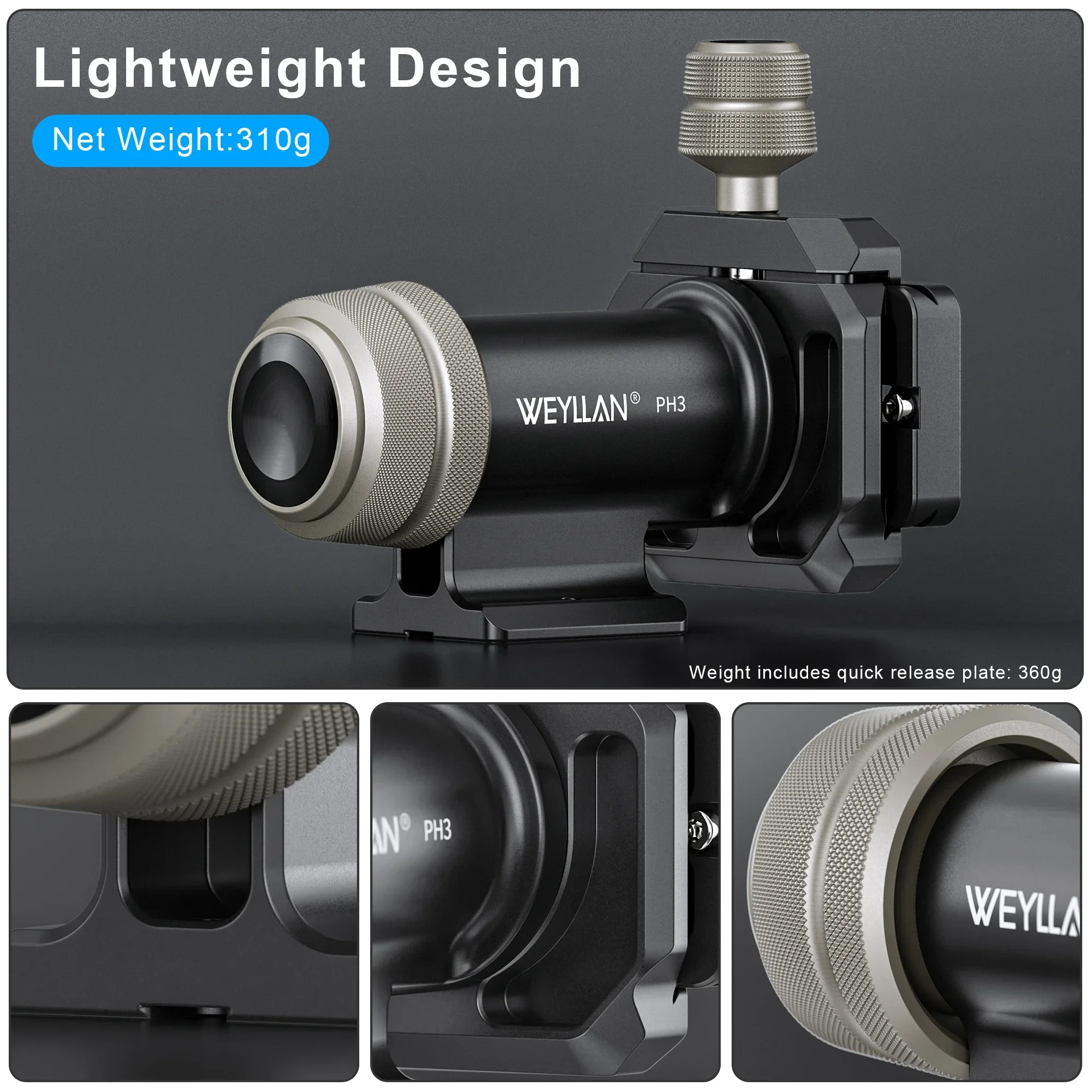 WEYLLAN PH3 짐벌 헤드, 카메라 모노포드 삼각대용, 사이드 새들 틸트 헤드, Arca Swiss 플레이트, 하중 10kg