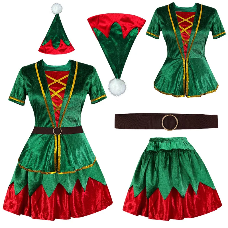 Chrismas Costume Cosplay Green Elf Fancy Dress Suits Xmas Theme Party Rolr Playing Clothing Sets Adult Men Women