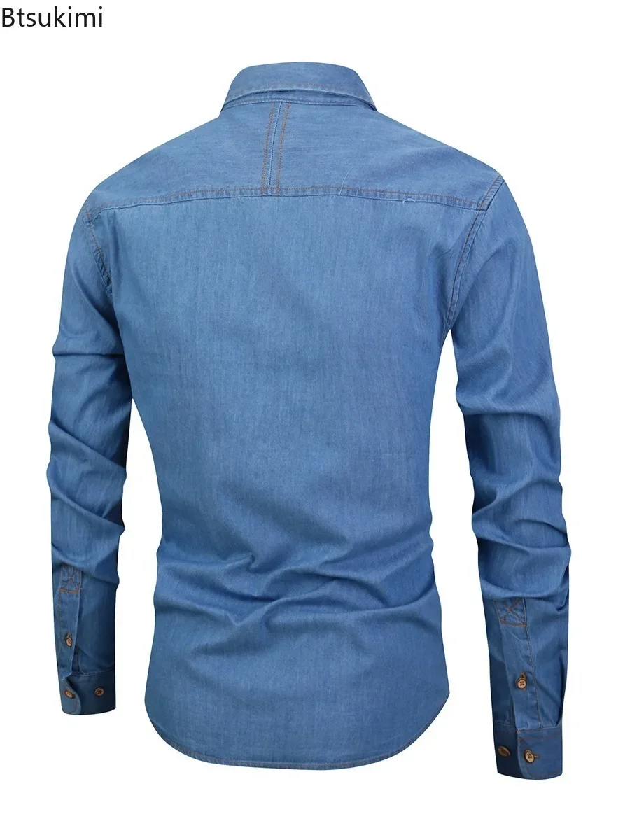 2024Men\'s Casual Long Sleeve Denim Shirts Formal Office Social Business Jeans Shirts Slim Cotton Jeans Shirts Male Tops Clothing