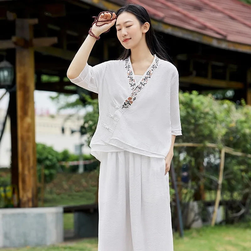 Women Cotton Linen Yoga Clothes Set Chinese Traditional Sport Wear Loose Comfortable Hanfu Loose Embroidery Lace Contemplation