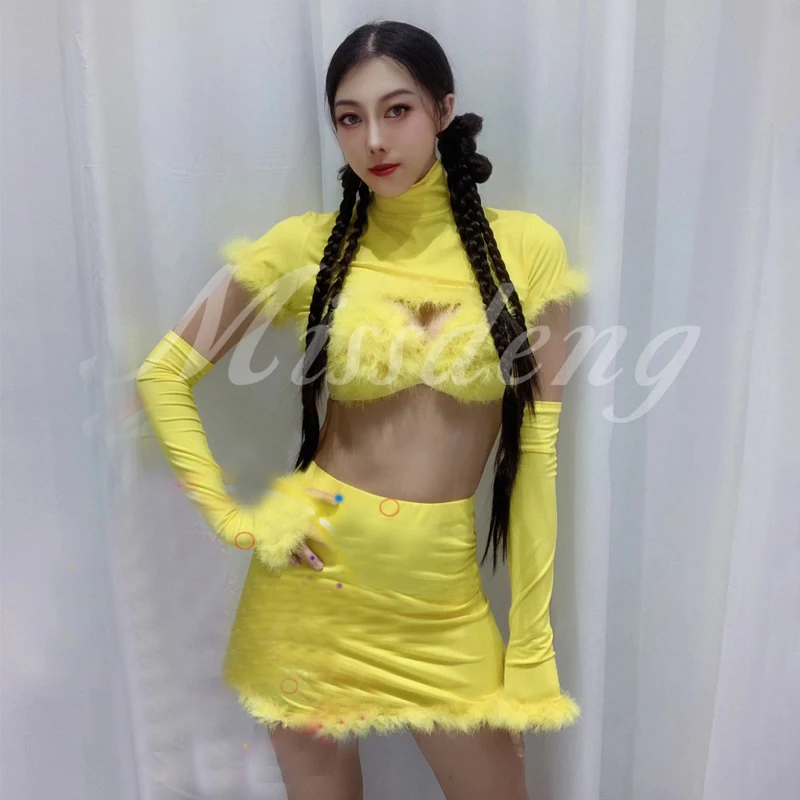 

Women Group Jazz Dance Outfits Sexy Gogo Dancer Costume Yellow Fur Top Skirt Party DJ DS Stage Performance Clothing XS6387