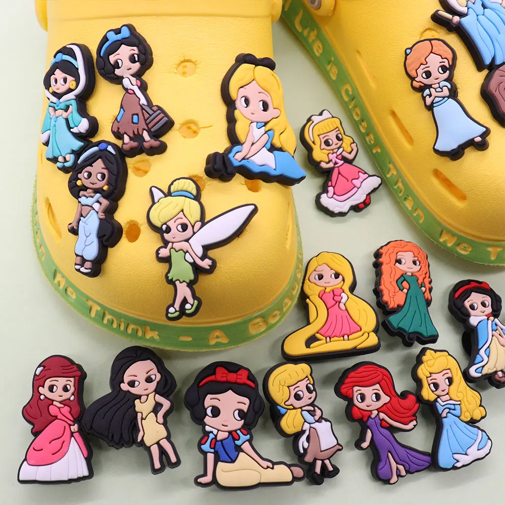 1Pcs Shoe Charms Cartoon Disney Princess Elf Alice Rapunzel Accessories PVC Shoes Buckle Decoration For Children X-max Gift