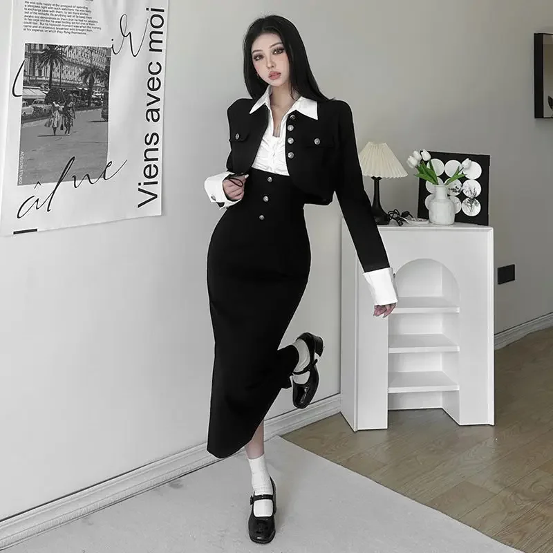 المحاصيل الأعلى الخريف قميص أبيض النساء Y2k الملابس + منتصف طول الخصر النحيف خمر الحلو فستان بحزام أسود قطعتين مجموعات #3