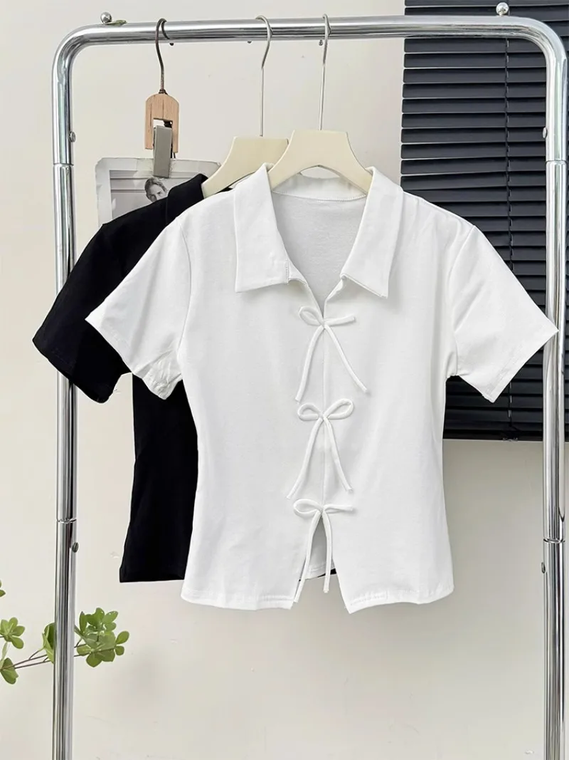 

Женская футболка с отложным воротником, Однотонная футболка с коротким рукавом, Y2k одежда, Новинка лета 2024, кроп-топ с разрезом и бантом, дизайнерские футболки