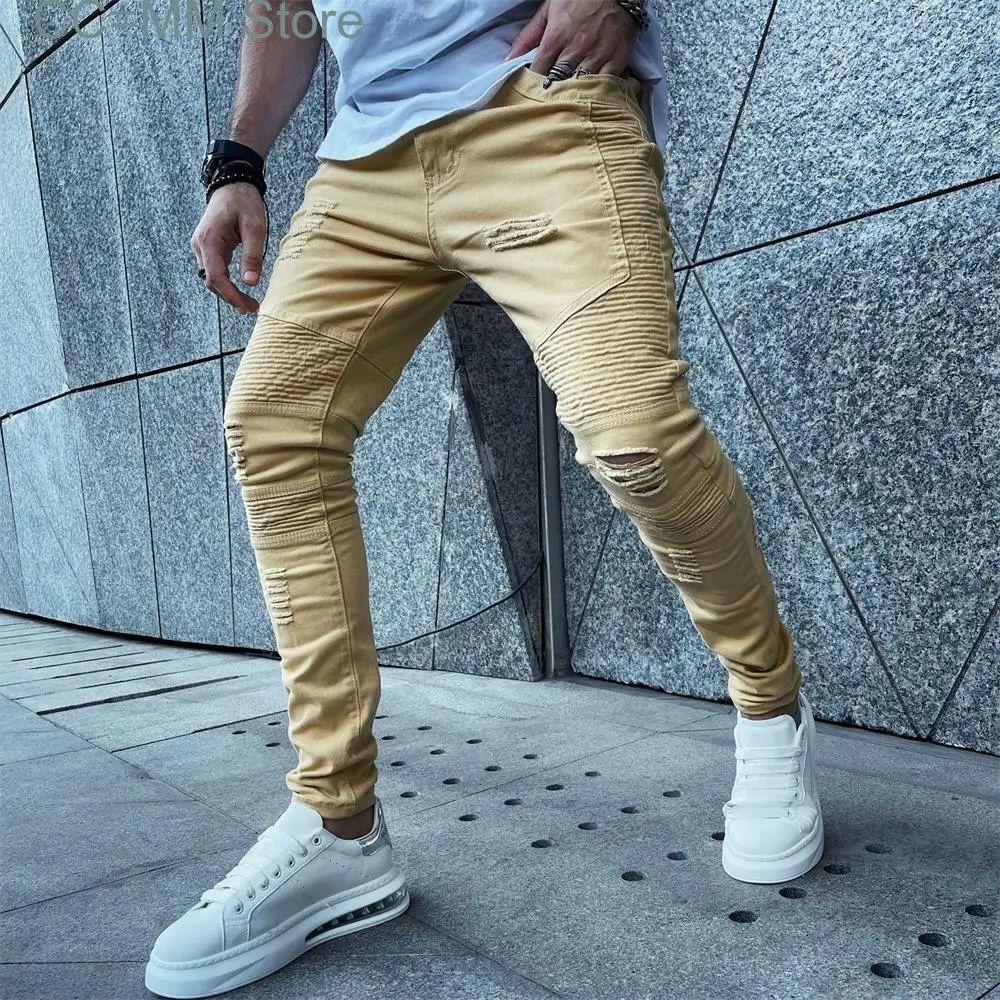 

New Mens Jeans Ripped Skinny Slim Fit Hole Pencil Denim Pants Casual Biker Trousers Vintage Streetwear Hip Hop Men Clothing