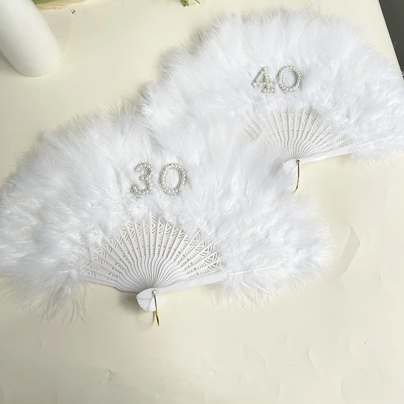 Éventail en Plumes Blanches Duveteuses pour Femme, 30e et 40e Anniversaire, Décoration de ix, Accessoires Photo, Cadeau Présent, 30, 40 Ans