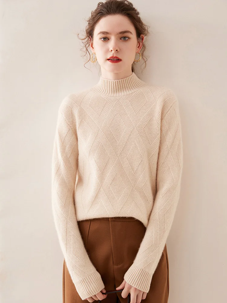 Women Cashmere Sweater Winter Thick Warm Mock Neck Pullover 100% Cashmere Knitwear Twist Argyle Basic Casual Clothing Fashion