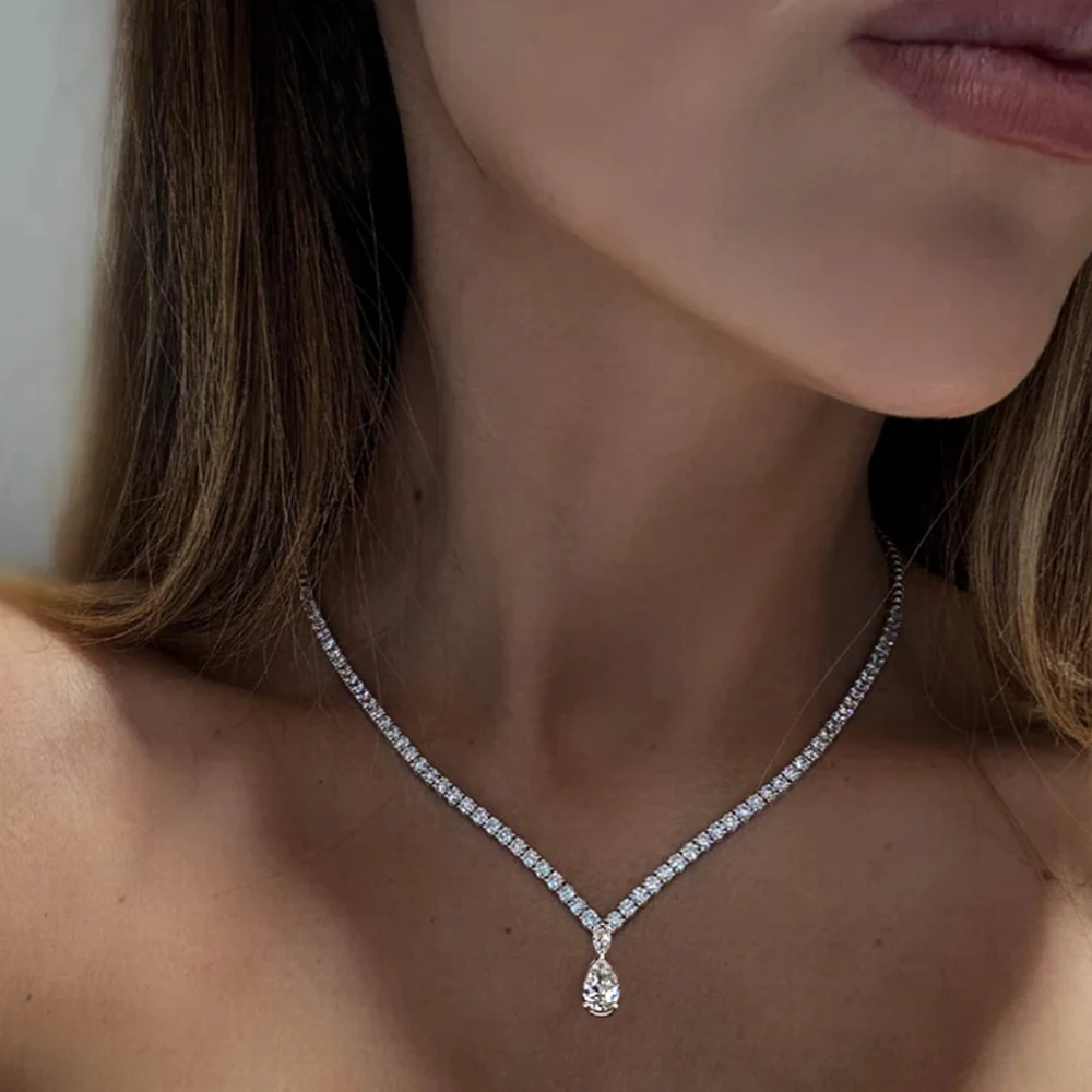 6Carat Pear Cut Full Moissanite Tennis Necklace for Women V-shape 3mm Round Cut Diamond S925 Silver WaterDrop Riviera Necklaces - view 6