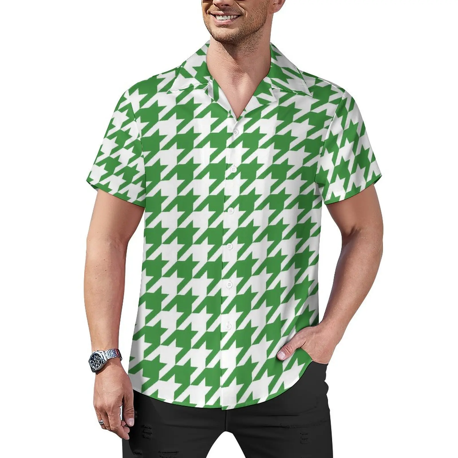 

Green Houndstooth Beach Shirt Men St Patricks Day Vintage Casual Shirts Hawaiian Short Sleeves Y2K Fashion Plus Size Blouses