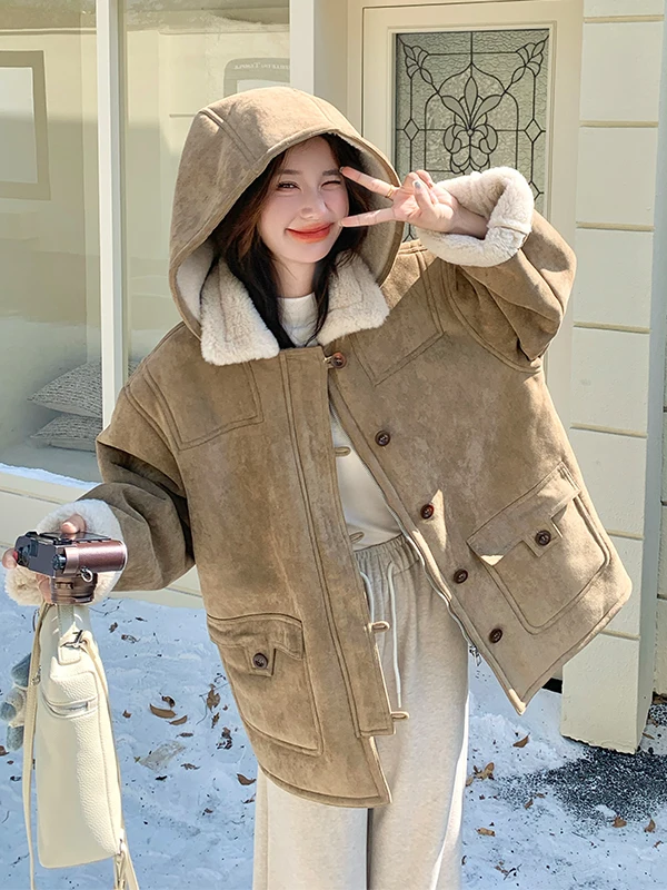 

Khaki Color Detachable Fur ort Jaet Women's Thiened Cotton Coat Warm Commute Sle Loose Fit Long Sve Button Closure