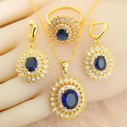 18K Gold Plated Bridal Jewelry Sets Wedding Ring Costume Earrings Pendant Chain Necklace For Women Christmas Gift