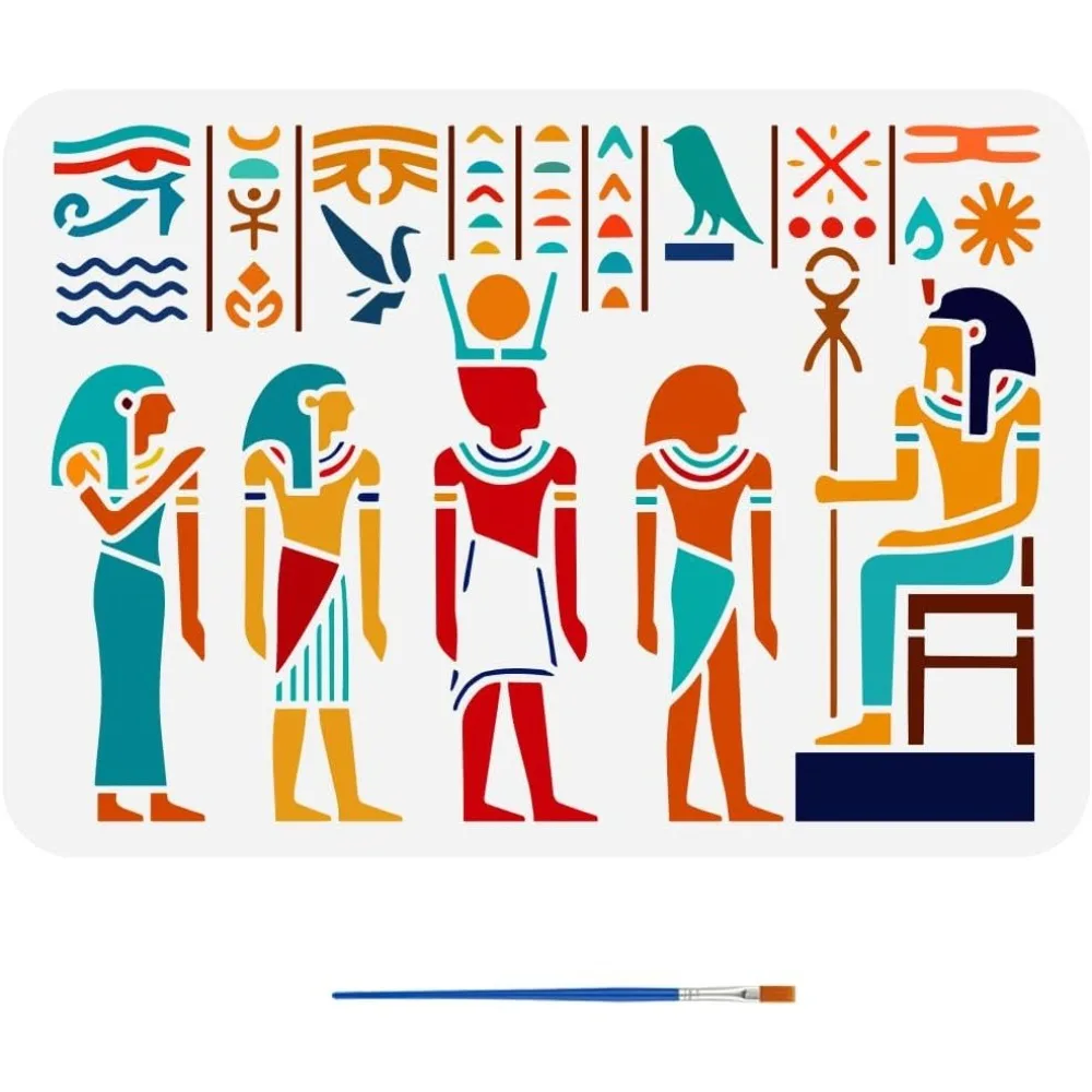 Plantillas con patrón de Egipto antiguo con pincel, plantillas de símbolos de Egipto de 11,7x8,3 pulgadas, plantillas de estilo egipcio, plantilla de ojos y pájaros