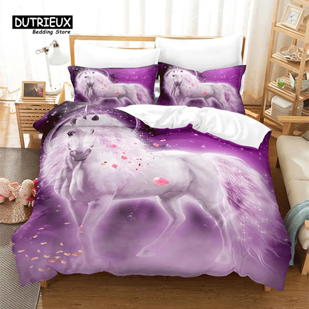 Unicorn Horse Bedding Set 3D Animal Print Duvet Cover Galloping Horse Comforter Cover Queen For Boys Teens Adults Decor Bedroom