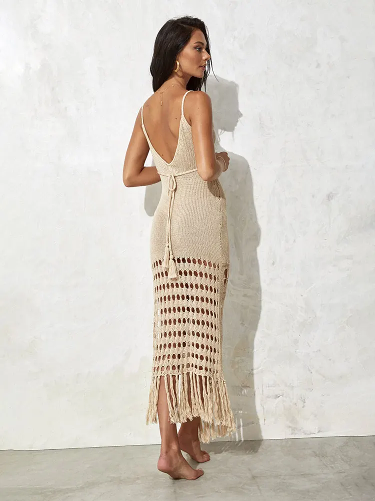 Sexy Strap con scollo a v White Crochet Hollow Out Lace-up tunica con frange costume da bagno Cover-up Summer Mesh Strappy Beach Slip Dress A2312