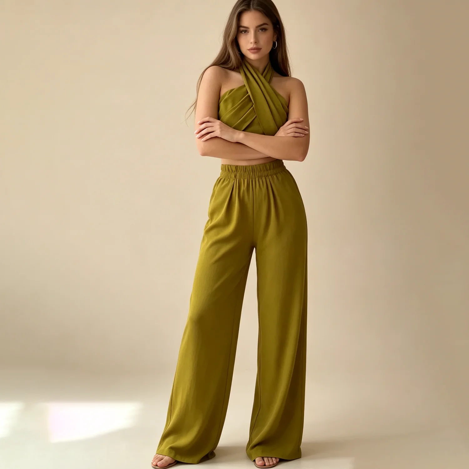 

PUAL 2026 Women 2 Piece Outfit,cross halter crop top + elastic waist wide leg pants, chic casual suit for daily vacation dating