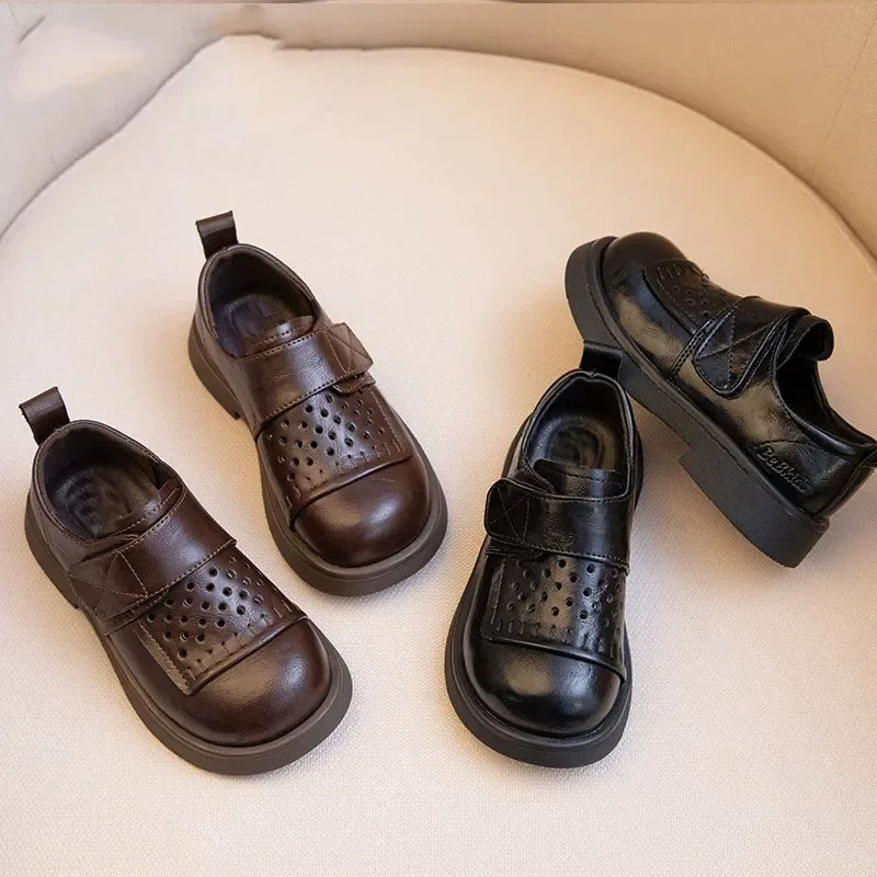 New Kids Spring Autumn Hollow-out Soft-soled Leather Shoes Breathable Loafers Boys Girls Comfortable Shoes School Shoes Students